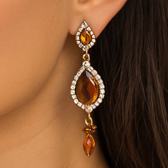 Beautiful Faux Amber Jewel & Rhinestone Long Earrings Teardrop Dangly Dressy - Picture 1 of 5